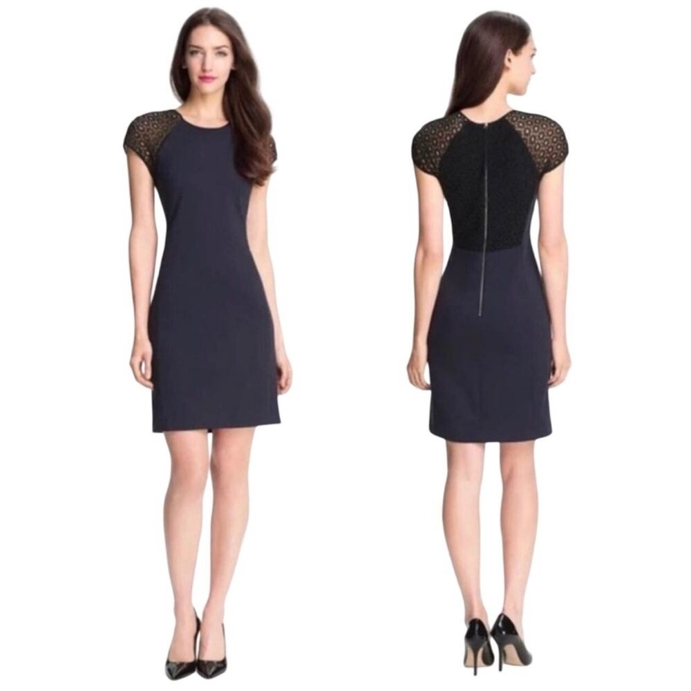 Rebecca Taylor Navy Sheath Dress w/ Black Lace Details Sz 6